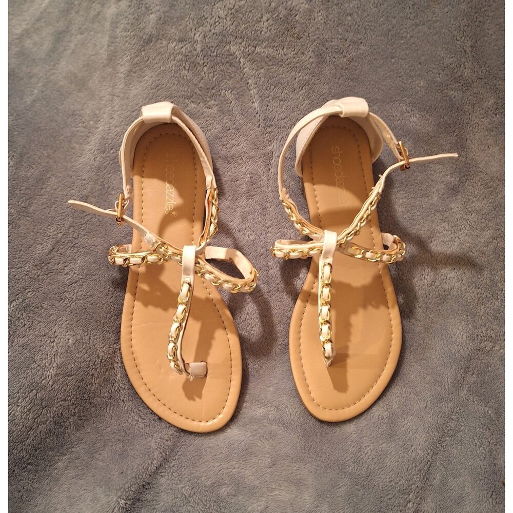 SHOEDAZZLE Letta Women 6 Sandals White Gold Strappy Flats Buckle
